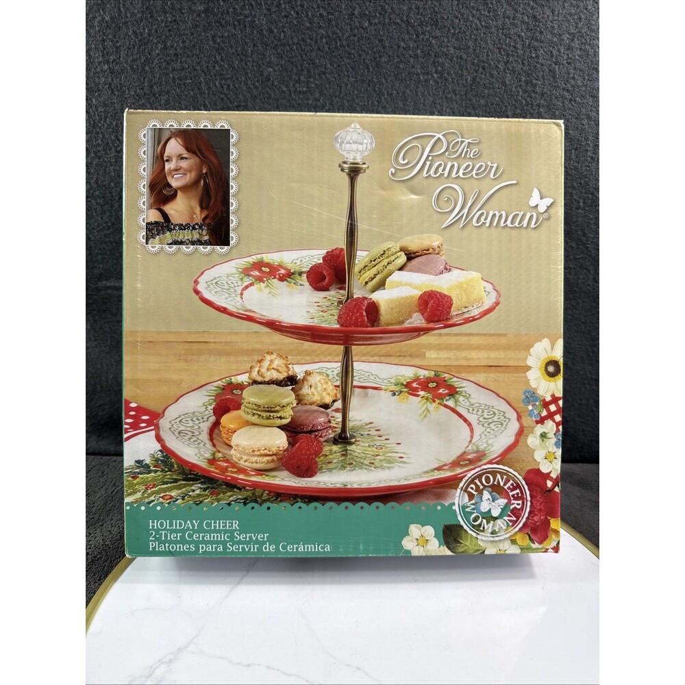 Pioneer Woman Holiday Cheer 2-Tier Server Christmas Tree Floral Ceramic 10" New